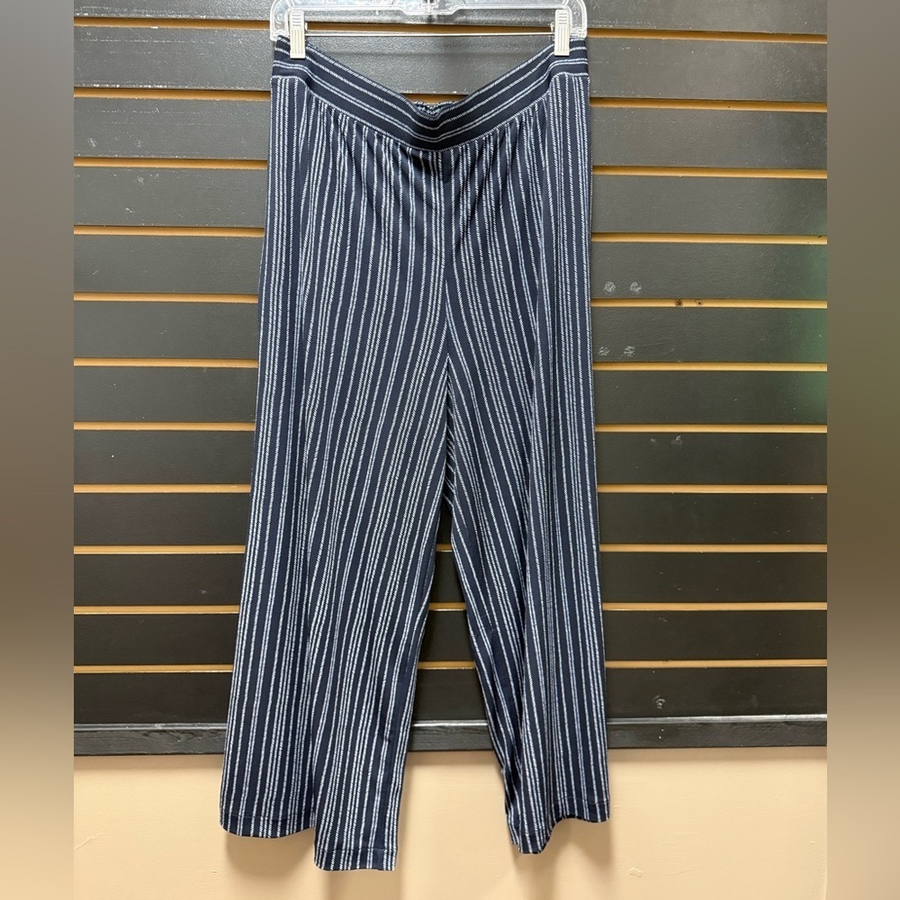 Adrianna Papell Navy Striped Wide Leg Pants Size L Pull On Stretch